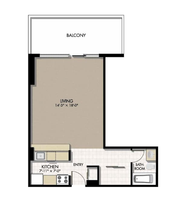 A floor plan for a Jasper OneLeven studio apartment with a balcony, living room, kitchen, and bathroom.
