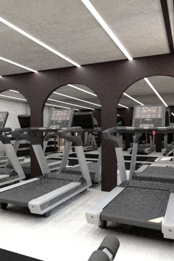 a rendering of a gym with treadmills and weights at The Meriden, Meriden Connecticut