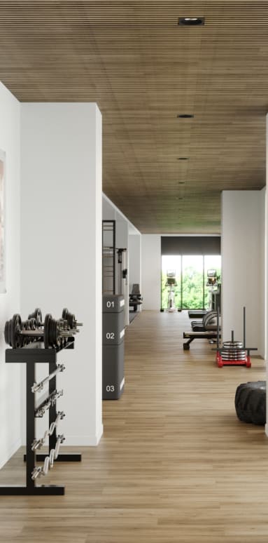 Fitness Center With Floor To Ceiling Windows & Wood-Style Flooring