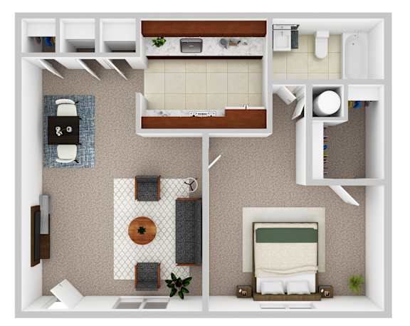 A floor plan of a room with a bed, a couch, a table, and a kitchenette.