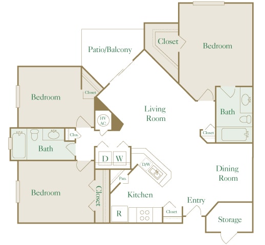 Egrets Landing Apartments - C1 (Preserve) - 3 bedrooms and 2 bath - 2D floor plan