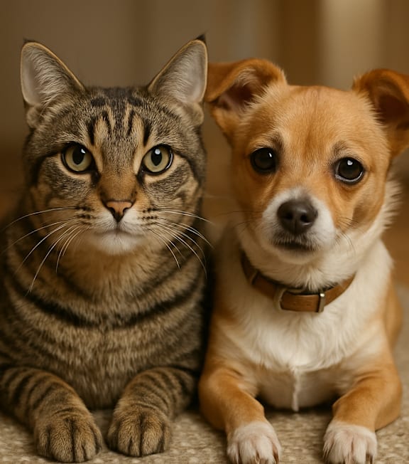 A cat and a dog are sitting next to each other.