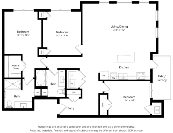 3 Bed 2 Bath Floor Plan at Bren Road Station 55&#x2B; Apartments, Minnetonka, MN