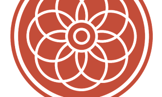 A red circular design with a flower-like pattern in the center.