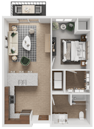 A detailed 3D floor plan of a small apartment.