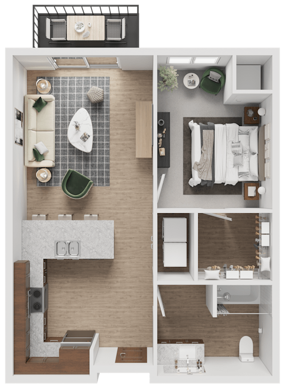A detailed 3D floor plan of a small apartment.