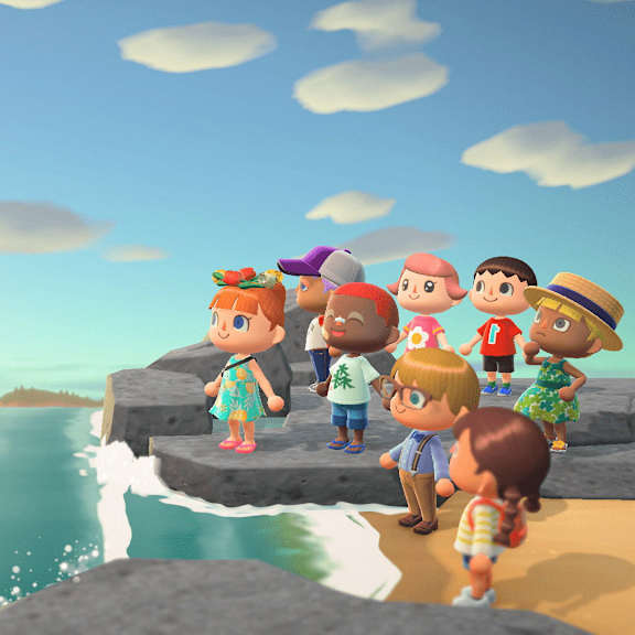 A group of animated characters are standing on a rocky outcrop by the sea.