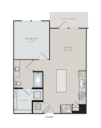 A floor plan of a house with a living room, dining room, kitchen, and entryway.