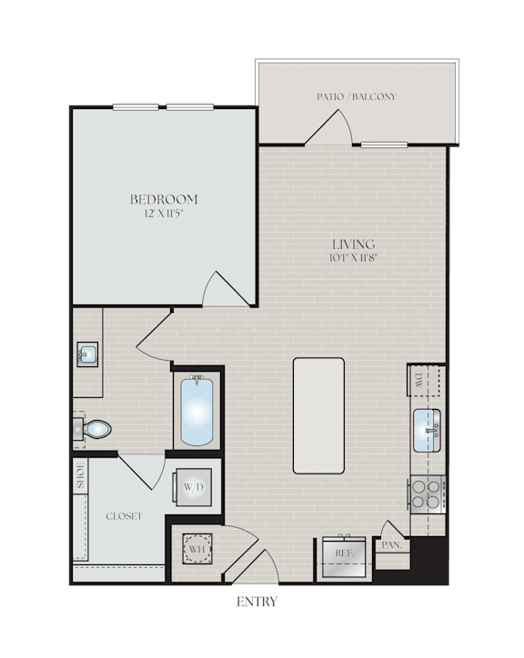 A floor plan of a house with a living room, dining room, kitchen, and entryway.