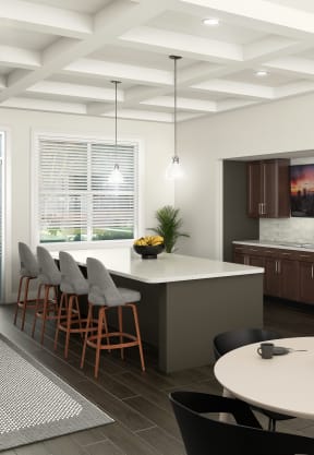 a rendering of a kitchen and dining room with a white table and chairs