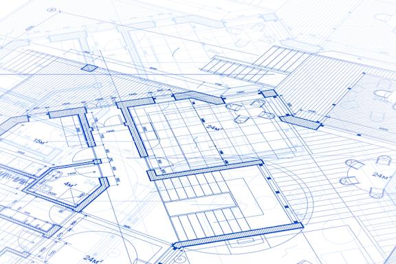 A blueprint of a building with various rooms and structures.