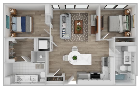 A top-down view of a small apartment with a kitchen, living room, and bathroom.