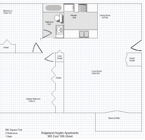 Floor Plan  2 Bed 1 Bath 8 Plex Building
