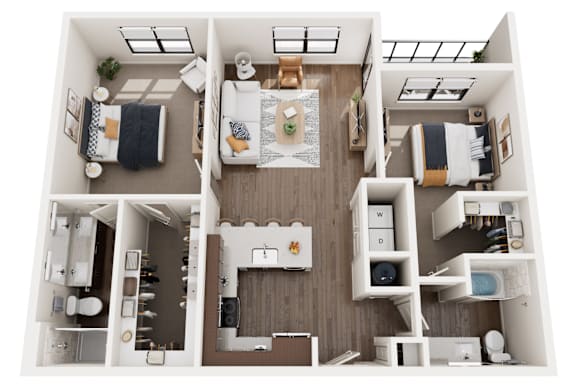A 990 square foot apartment is displayed with a top-down view showing all rooms and furnishings.