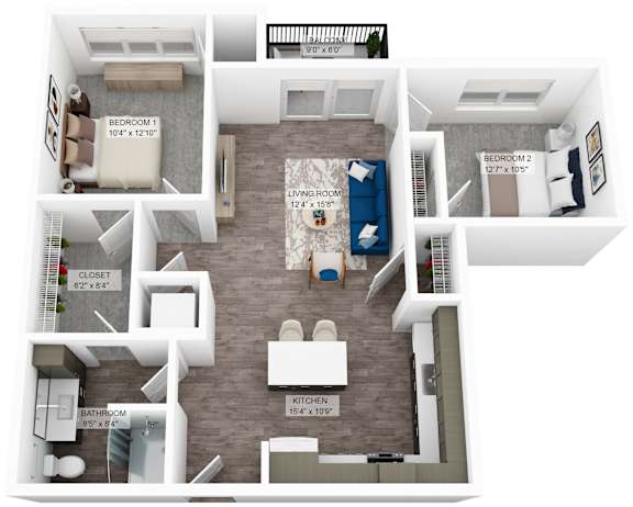 a stylized 3d floor plan of a unit 1st floor
