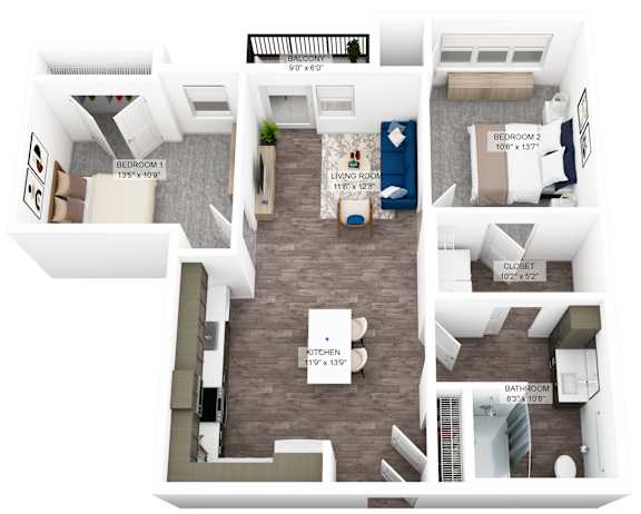 Floor Plan  a stylized 3d floor plan of unit bb2a