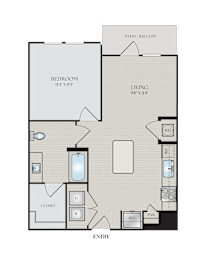 A floor plan of a property with a living room, kitchen, and bathroom.