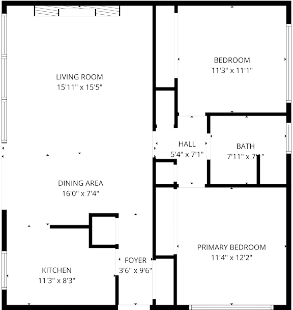 A floor plan for a home with a living room, dining area, kitchen, and three bedrooms.