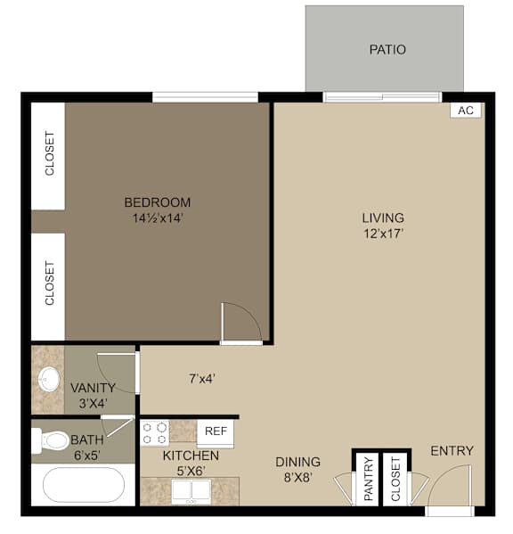 A floor plan for a one bedroom apartment in Alverno Pool Apartments.