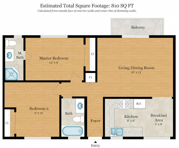 A floor plan of a house with a total square footage of 915 sq ft.