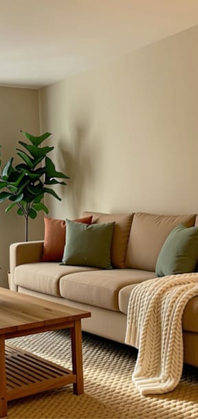 A living room with a couch, a coffee table, and a potted plant.
