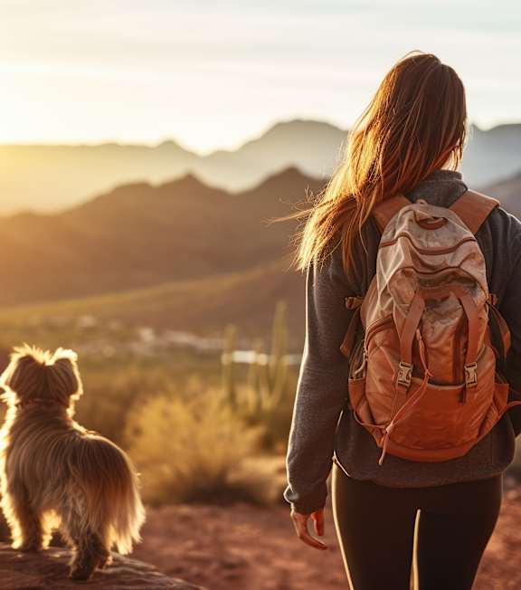 A woman with a backpack and a dog are walking on a trail.