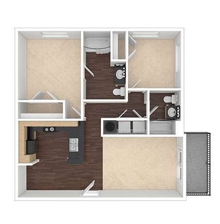 A 3D rendered image of a house layout.