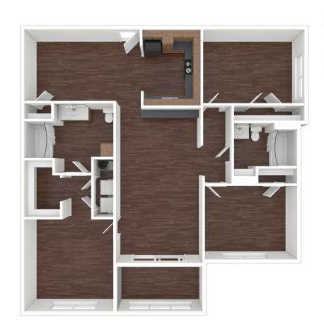 A floor plan of a house with a kitchen, living room, and two bedrooms.