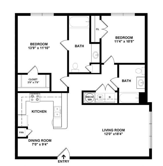 A black and white image of a floor plan for a home with a living room, dining room, kitchen, and two bedrooms.