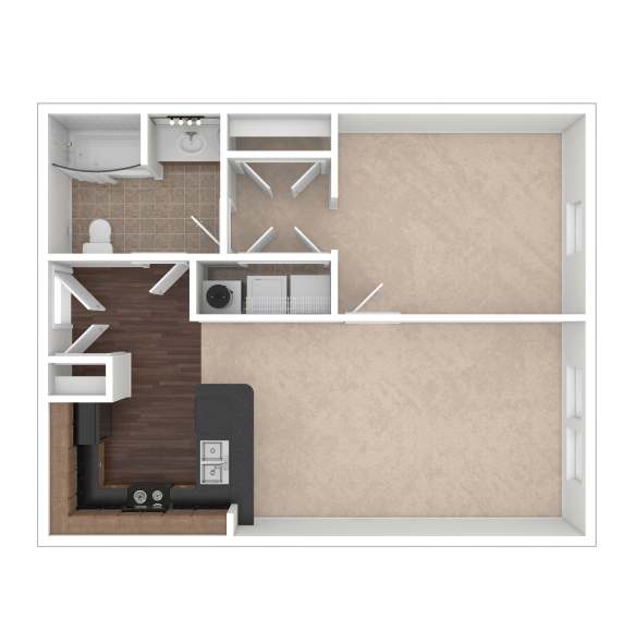 A floor plan of a room with a kitchen, bathroom, and living room.