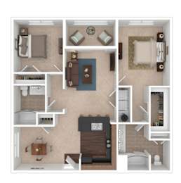 A 3D floor plan of a house showing a kitchen, living room, and bedrooms.