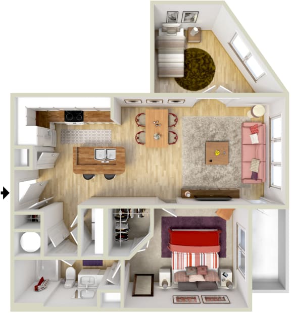 4700 Colonnade Birmingham Alabama one-bedroom apartment floorplan in 3d Rendering