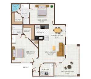 A floor plan of a two bedroom apartment with a living room, dining room, kitchen, bathrooms, and closets.