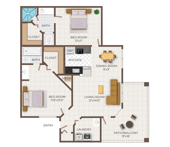 A floor plan of a two bedroom apartment with a living room, dining room, kitchen, bathrooms, and closets.
