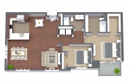 2B – 2 Bedroom 2 Bath Floor Plan Layout – 1298 Square Feet at Nineteen800, California, 95014