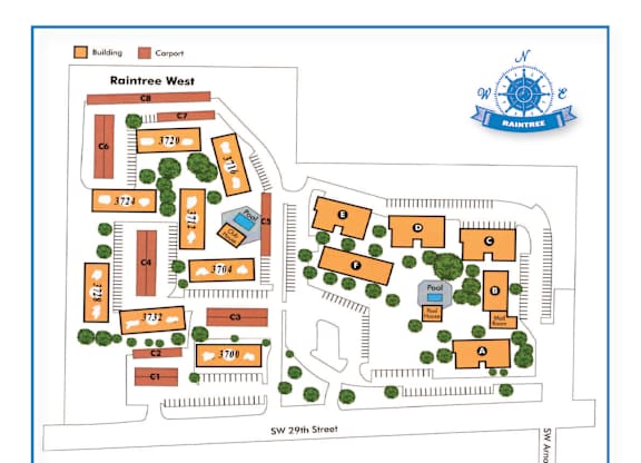 A map of Raintree Apartments with a logo, contact information, and a website address.