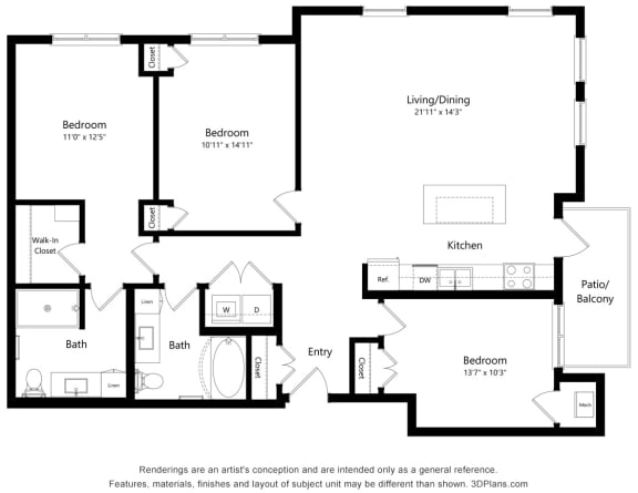 Three Bedroom Floor Plan at Bren Road Station 55+ Apartments, Minnetonka, 55343