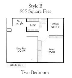 A drawing of a two bedroom apartment with a living room and kitchen.