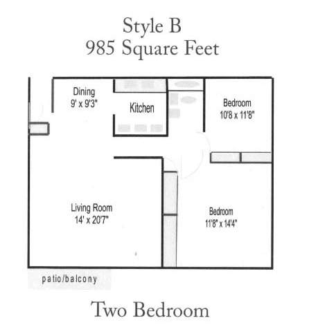 A drawing of a two bedroom apartment with a living room and kitchen.
