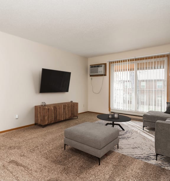 a living room with a couch and a chair and a television