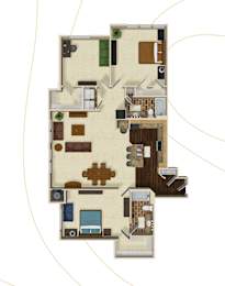 A floor plan of a house with a kitchen, living room, and two bedrooms.