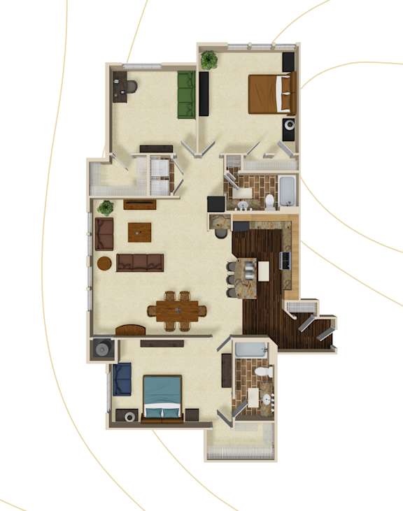 A floor plan of a house with a kitchen, living room, and two bedrooms.