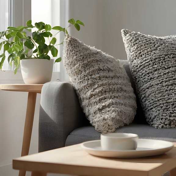 A gray couch with a coffee table and two potted plants near a sunlit window.