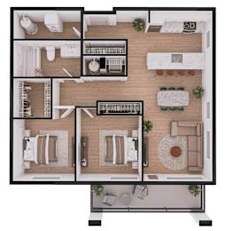 A floor plan of a house with a kitchen, living room, dining room, and two bedrooms.