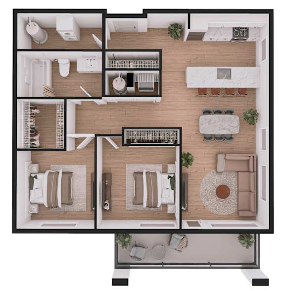 A floor plan of a house with a kitchen, living room, dining room, and two bedrooms.