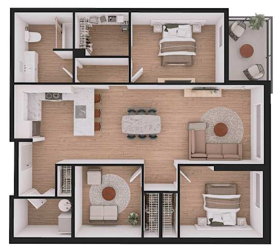 A 3D floor plan of a house with a living room, kitchen, dining room, and two bedrooms.