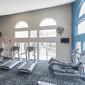 a gym with cardio equipment and large windows at Chinoe Creek Apartments in Lexington KY