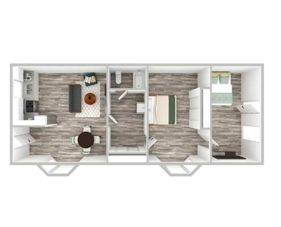 A floor plan of a small apartment with a living room, kitchen, and two bedrooms.