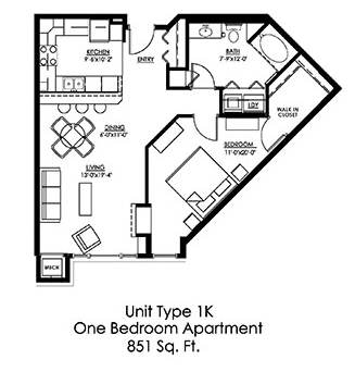 1 Bedroom Floor Plan at The Landings at Silver Lake Village, St. Anthony