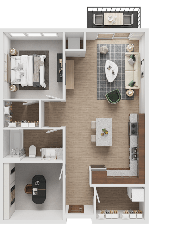 A top-down view of a small apartment with a kitchen, living room, and bathroom.